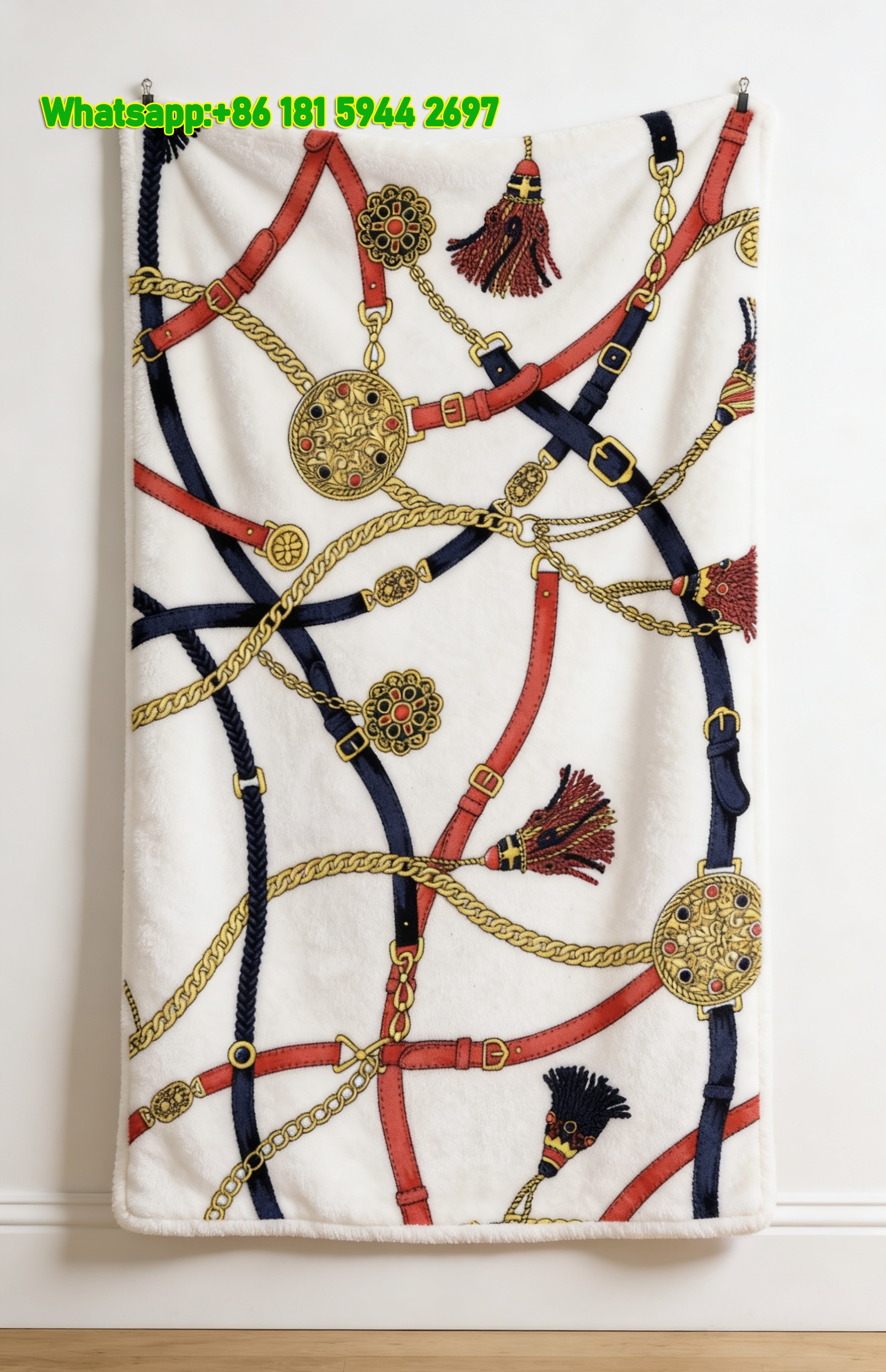 Hermès Luxury Equestrian Red Blue Gold Chain Flannel Throw Blanket IMG_5237